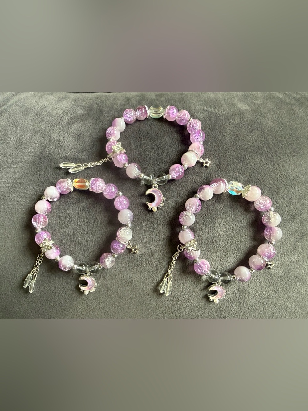 Purple Beaded Moon Charm Bracelet - 3 pcs Women’s Jewelry